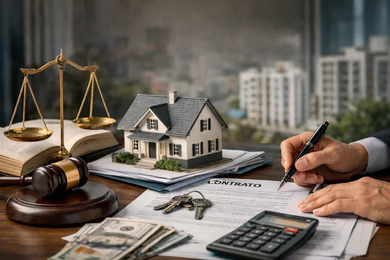 Un martillo de juez y una casa en miniatura sobre la balanza de la justicia