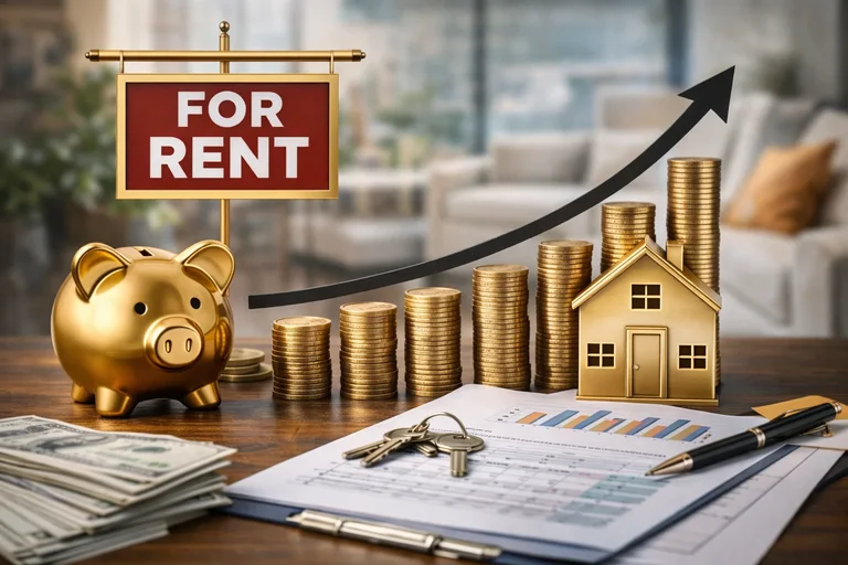 Calculadora y monedas de oro sobre los planos de una casa