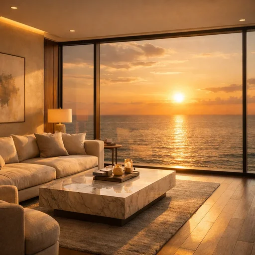 Interior moderno y lujoso de una sala con vista panorámica al mar a través de un gran ventanal