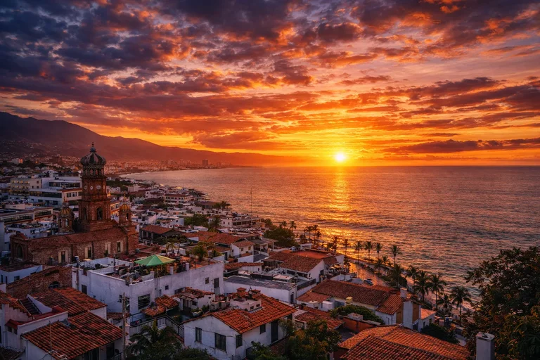 Vista aérea de la costa de Puerto Vallarta con el arco del malecón al atardecer