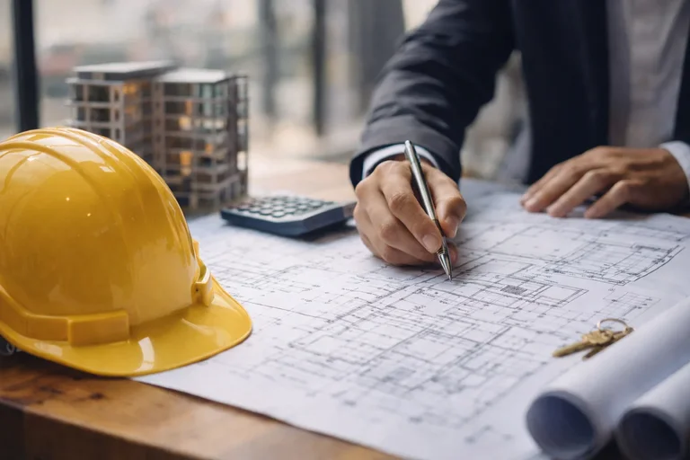 Planos arquitectónicos y un casco de construcción sobre una mesa