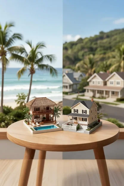 Dos casa de diferentes colores sobre una superficie de madera, representando dos opciones de renta