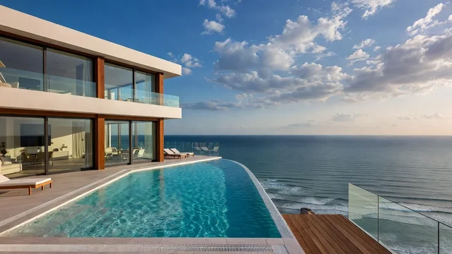 Vista aérea de la alberca infinita de un hotel de lujo en Puerto Vallarta al atardecer