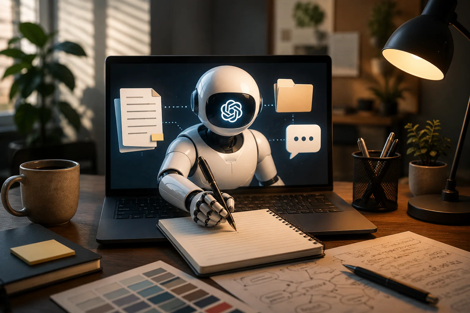 Ilustración hiperrealista de un asistente de inteligencia artificial escribiendo contenido desde una computadora portátil, representando un agente de copywriting personalizado creado con ChatGPT.