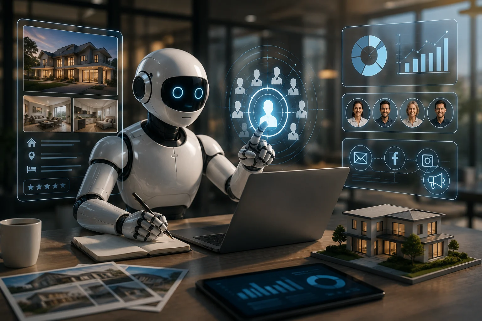 Ilustración hiperrealista de un asistente de inteligencia artificial analizando una propiedad inmobiliaria, segmentando compradores y generando una estrategia de marketing con gráficos y datos visuales.