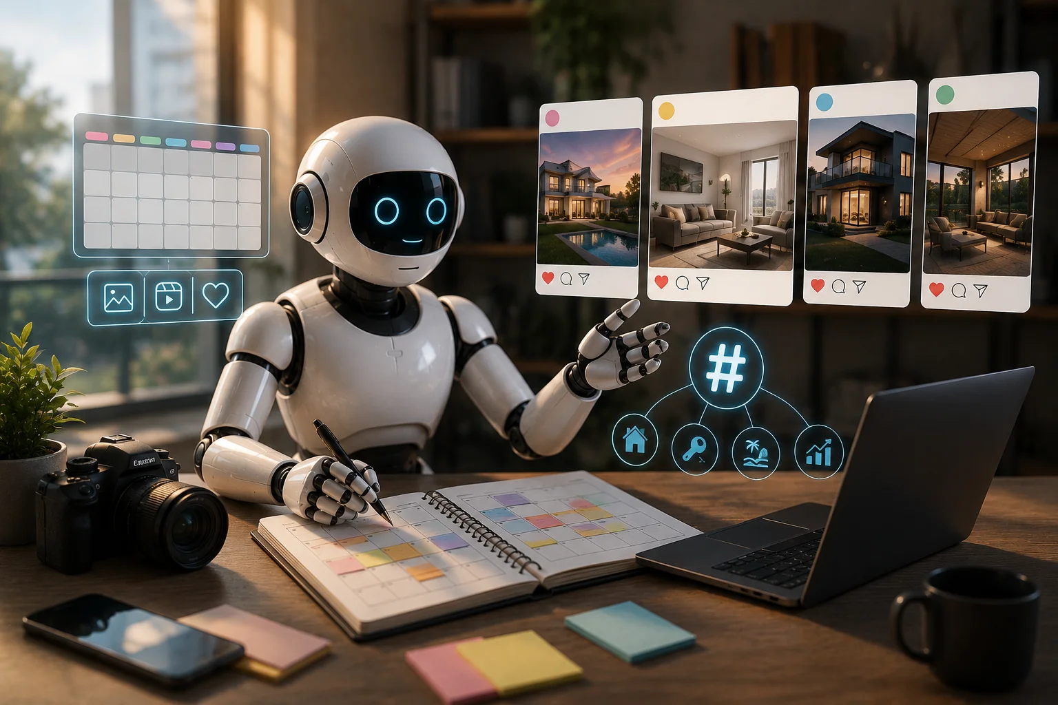 Ilustración hiperrealista de un asistente de inteligencia artificial planificando contenido para redes sociales con un calendario editorial, publicaciones visuales y estrategia de community management.