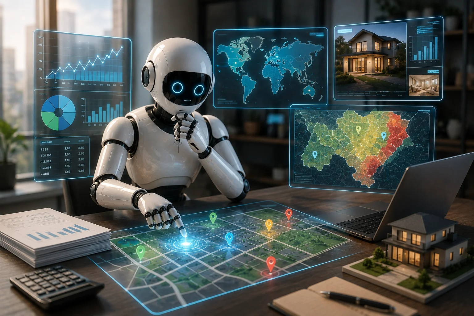 Ilustración hiperrealista de un asistente de inteligencia artificial analizando el mercado inmobiliario con mapas, gráficos de precios, datos comparativos y propiedades para apoyar la valoración de inmuebles.
