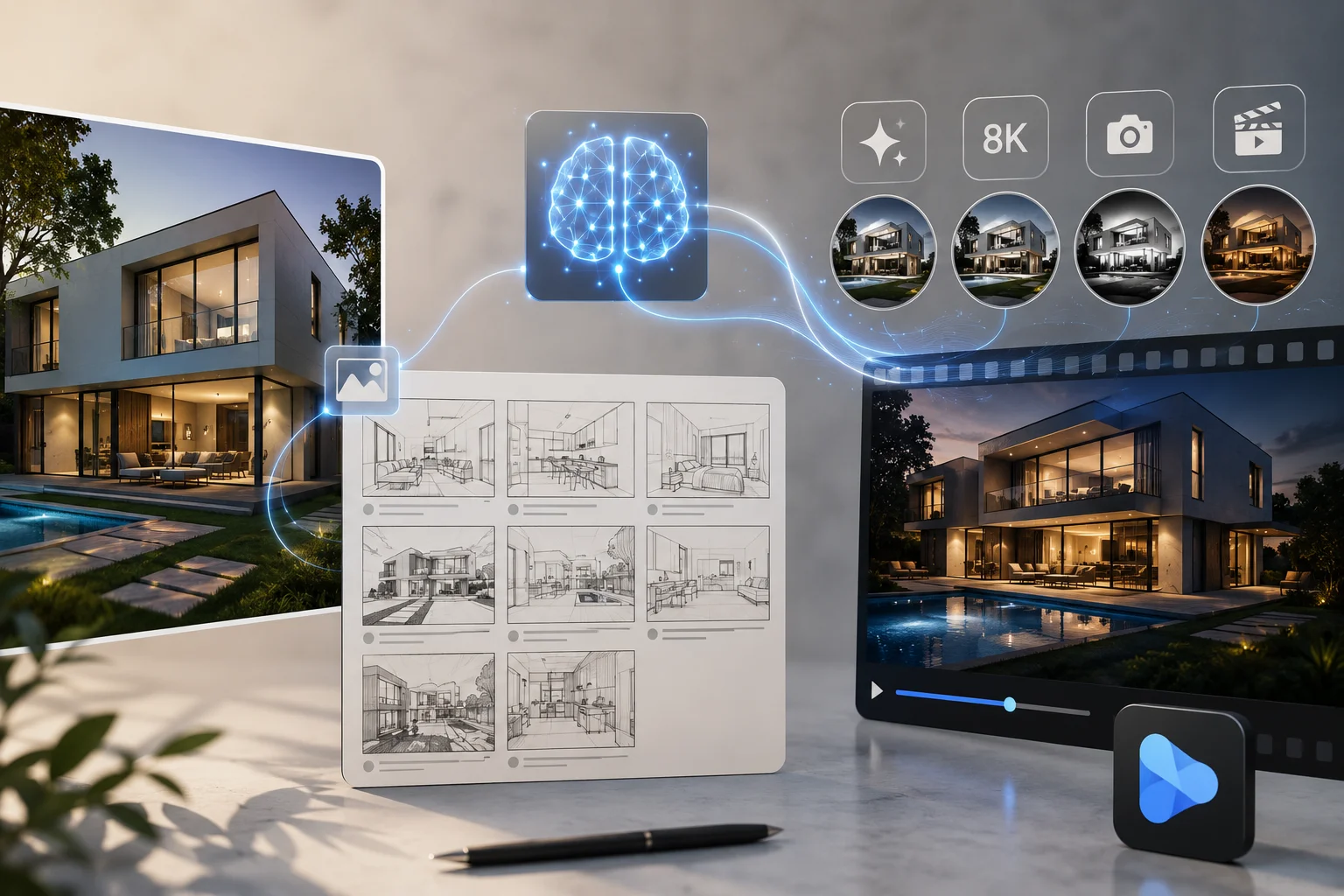 Concepto de creación de videos inmobiliarios con inteligencia artificial.