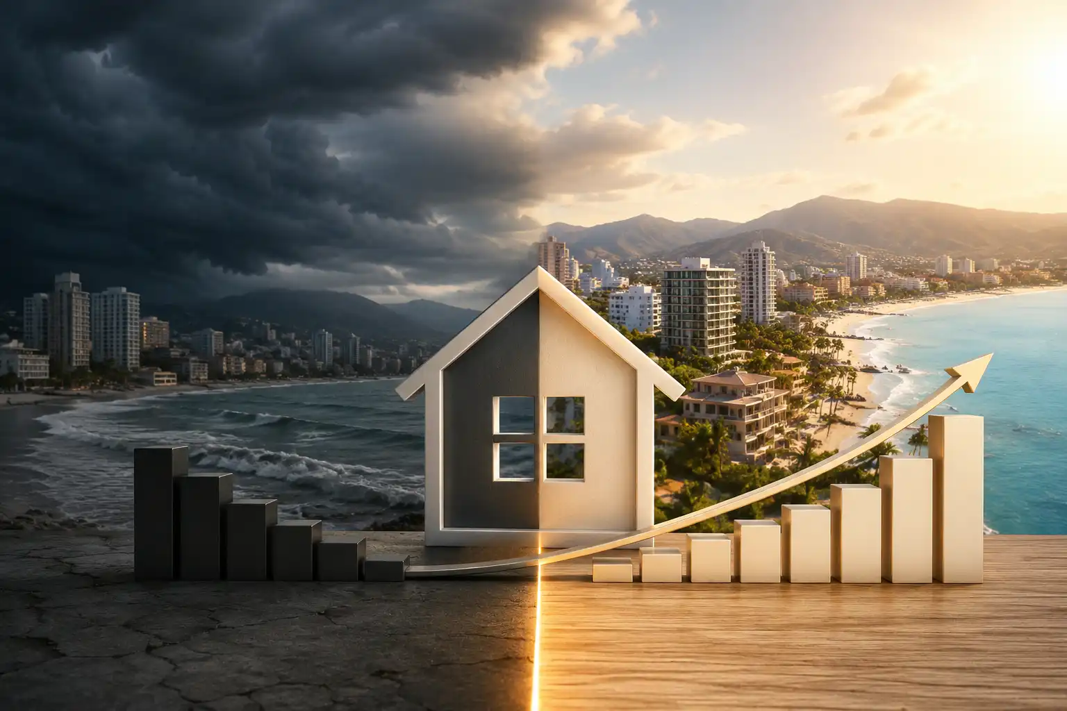 Mercado inmobiliario de Puerto Vallarta y Bahía de Banderas en transformación, con una casa y una gráfica de crecimiento de inversión y plusvalía.