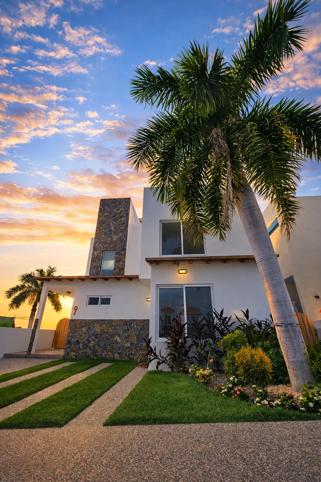 fachada con en atardecer