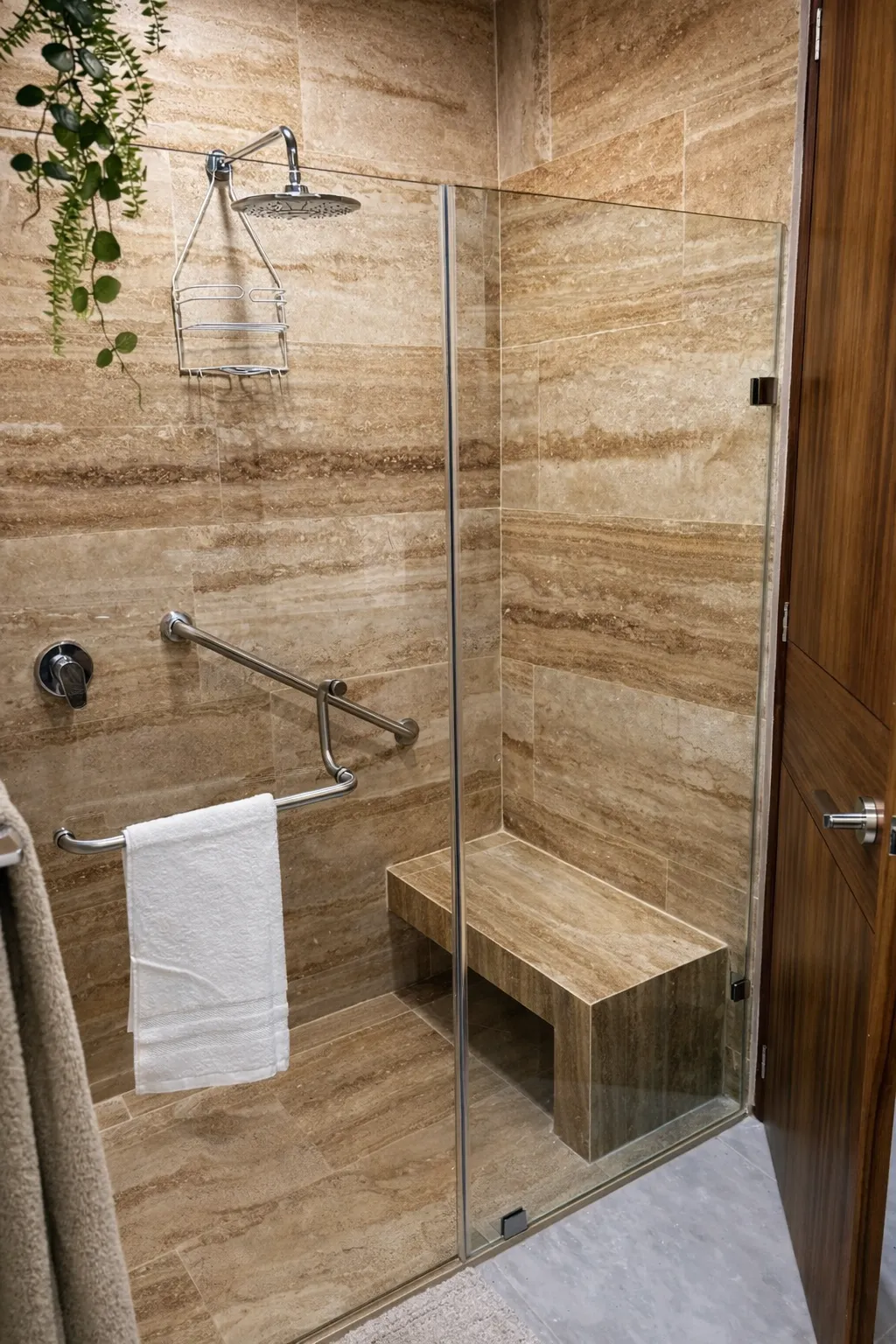 baño tipo spa con mapara de cristal templado
